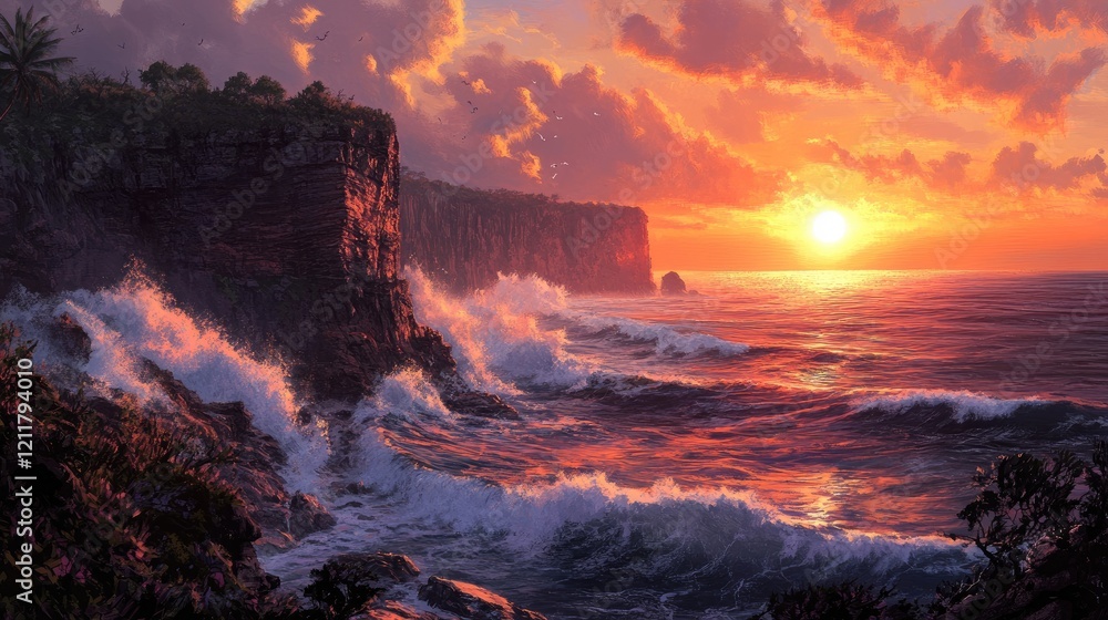 Fototapeta premium Sunset-lit cliffs and crashing waves, vibrant orange hues blending into the rugged seaside landscape
