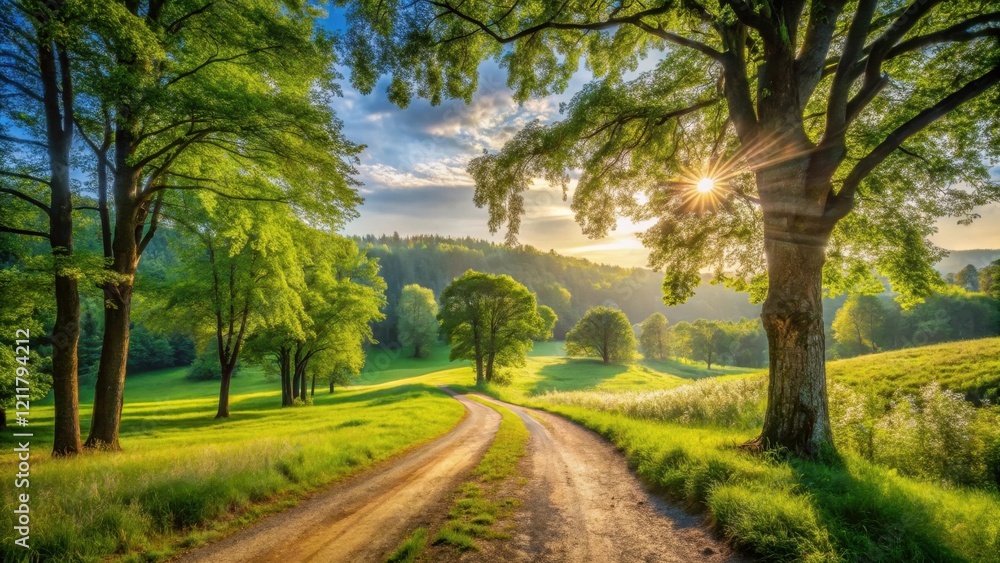 Sunlit Country Road Winding Through Lush Green Meadow and Majestic Trees at Sunset Sunlit Country Road Winding Through Lush Green Meadow and Majestic Trees at Sunset