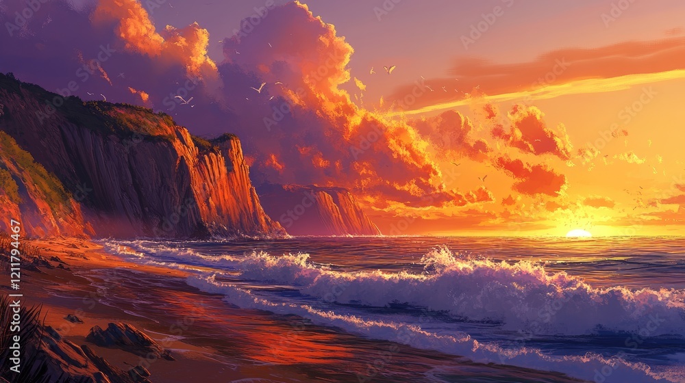 Fototapeta premium The beauty of coastal cliffs under an orange sunset, with waves breaking against the shoreline