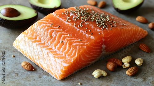 Raw salmon fillet with avocado, almonds, and chia seeds. photo