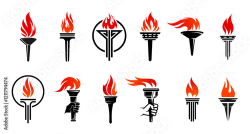 Torch flame icons. Victory and freedom, liberty and champion fire in hands vector symbols. Black torches and ancient lamps with burning fire and hot red flames, sport competition and triumph concept