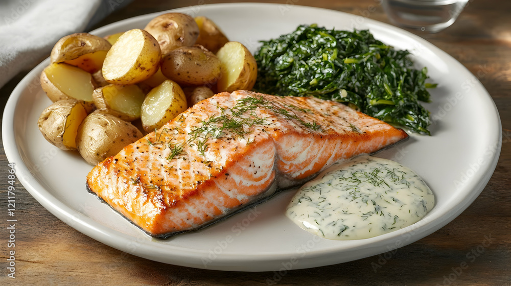 Pan-Seared Salmon with Roasted Potatoes and Creamed Spinach Pan-Seared Salmon with Roasted Potatoes and Creamed Spinach