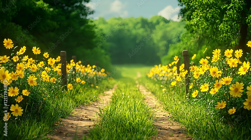 Obraz premium Scenic Pathway Surrounded by Vibrant Yellow Flowers in Nature