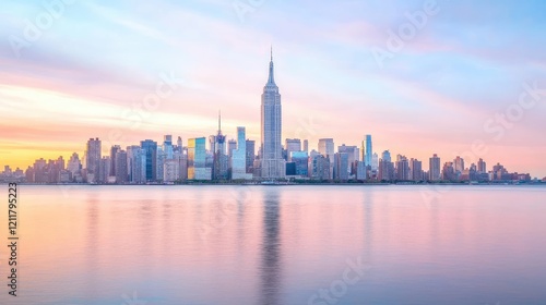 Manhattan skyline with the Empire State Building reflecting on the calm water of the Hudson River during a colorful pastel sunrise.