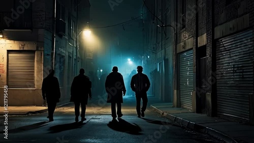 gangster men in dark clothes and hoods walk down a dim city street at night, surrounded by shadows and graffiti covered walls, creating a gritty and suspenseful urban scene