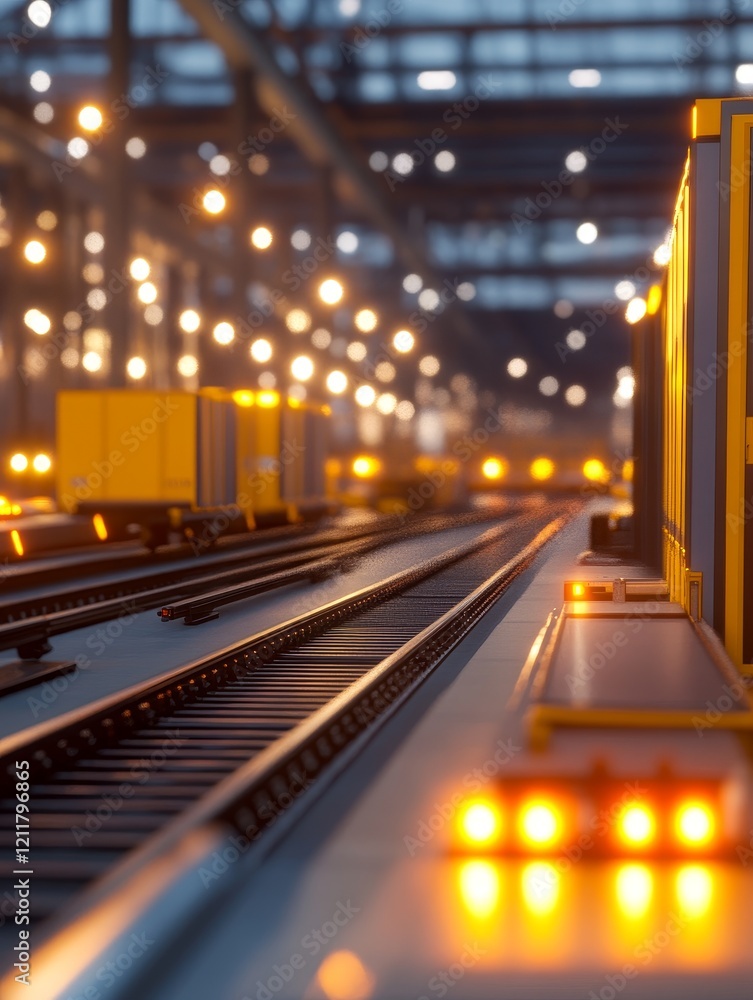 Industrial railway scene with illuminated tracks and freight containers in a bustling warehouse Industrial railway scene with illuminated tracks and freight containers in a bustling warehouse