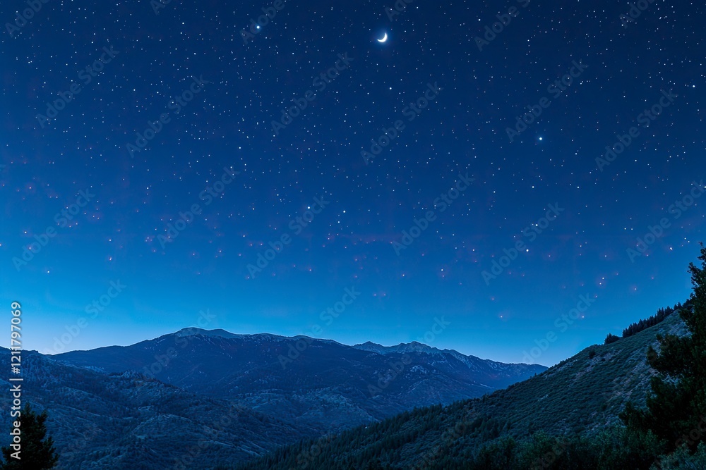 Beautiful night sky with a crescent moon and stars over the mountain landscape. Background for a Ramadan or nighttime nature scene. Beautiful night sky with a crescent moon and stars over the mountain landscape. Background for a Ramadan or nighttime nature scene.