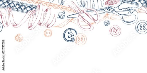 Sewing craft supplies. Fabric scissors snaps, wooden buttons ribbon lace, red indigo beige. Hand drawn ink vector illustration. Seamless banner isolated on white. Design atelier, tailor, hobby shop