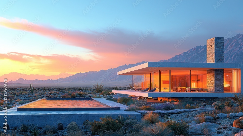 Obraz premium Desert Sunset Modern House Architectural Visualization