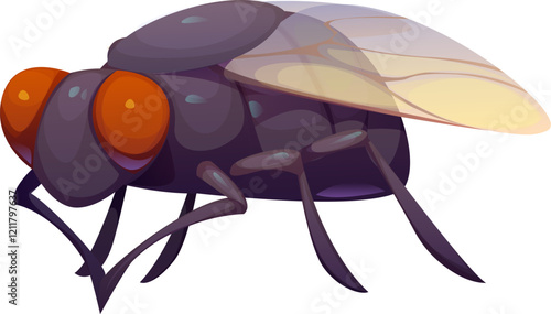 Cartoon funny fly insect character with large orange eyes, dark body and transparent wings. Isolated vector housefly pest personage, domestic parasite, winged flying bug, natural creature