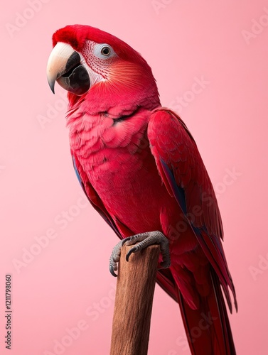 A vibrant red parrot posing on a wooden perch against a pink background, This image is perfect for projects related to wildlife, nature, or vibrant culture photo