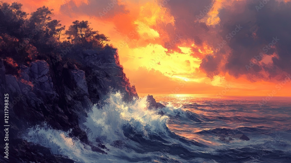 Fototapeta premium A dramatic coastal cliff with waves crashing against the rocks, bathed in a vibrant orange sunset glow