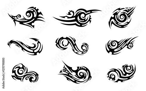 Maori and polynesian tribal tattoos with vector geometric pattern and traditional ethnic ornament of hawaiian, filipino and samoan indigenous people. Maori tribal patterns for arm sleeve tattoo photo