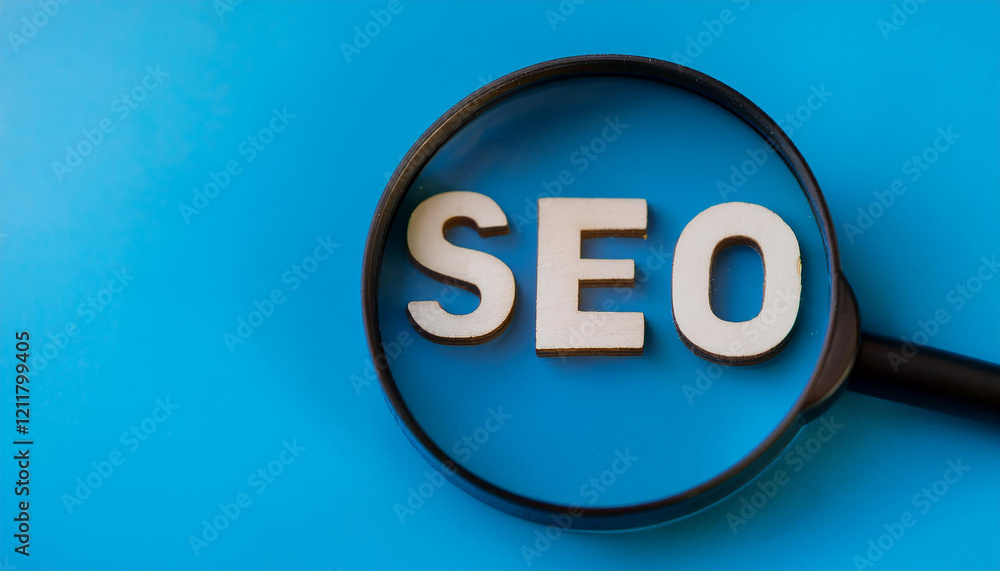 Magnifying glass focusing on SEO letters, short for search engine optimization. Company business