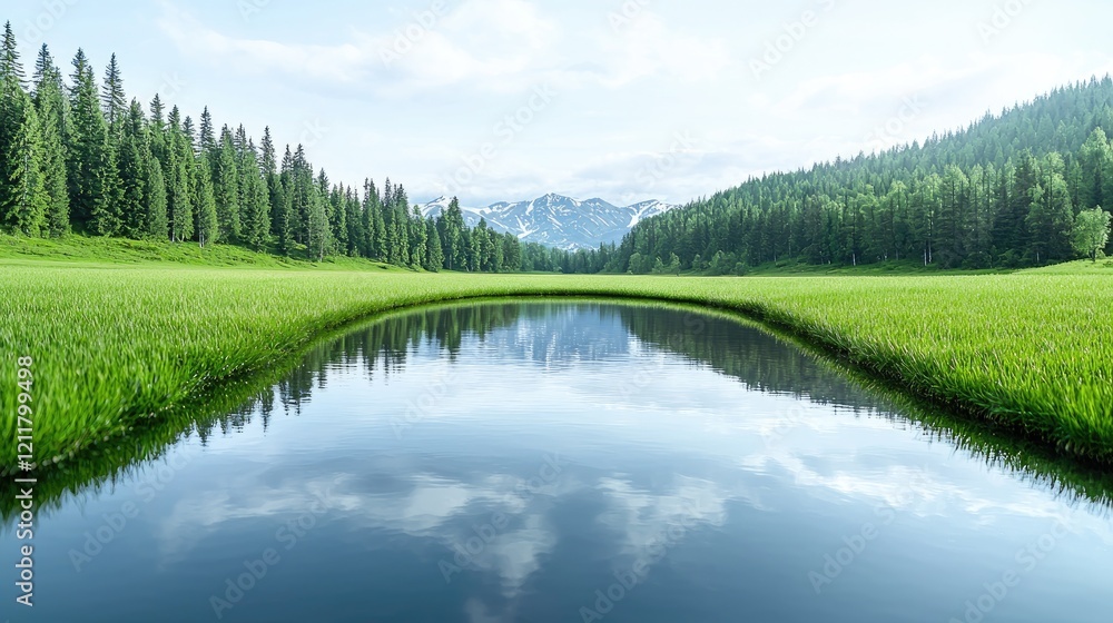Serene mountain lake reflection, tranquil nature scene, peaceful landscape for travel brochure Serene mountain lake reflection, tranquil nature scene, peaceful landscape for travel brochure