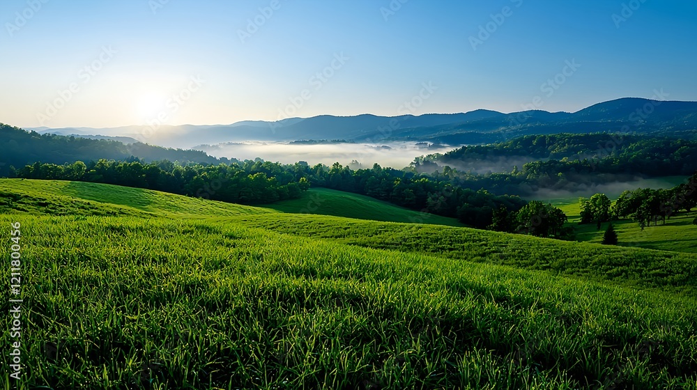 Fototapeta premium Lush Green Hills Under Bright Blue Sky at Sunrise in Landscape