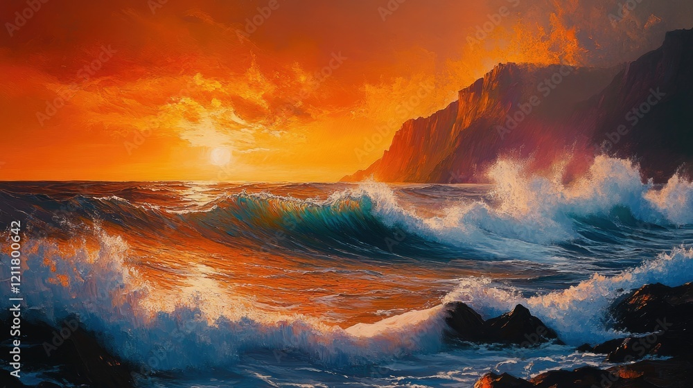 Fototapeta premium A dynamic sunset seascape with crashing waves and cliffs bathed in vibrant orange light