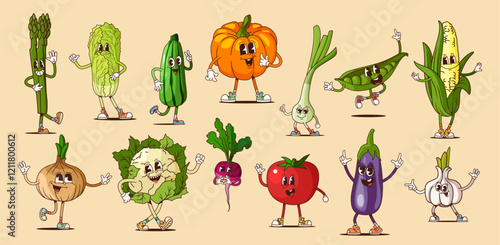 Funny groovy vegetables characters with happy expressions. Cartoon vector fresh and ripe veggies asparagus, cucumber, onion, pumpkin and tomato, eggplant, radish, squash and garlic with green peas pod