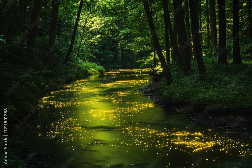 Fototapeta premium Golden lights illuminate a tranquil forest stream