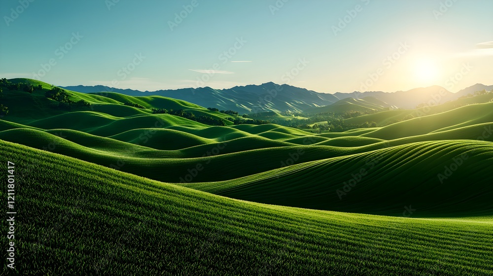 Fototapeta premium Serene Green Hills Under Bright Blue Sky at Sunrise