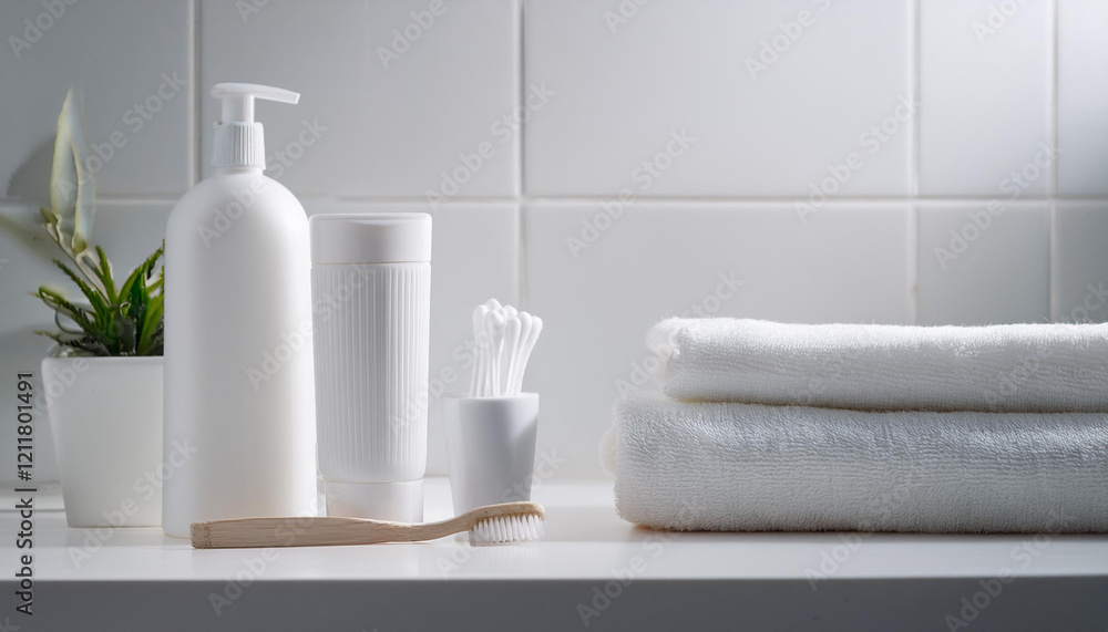 mockup of soap pump bottle with other bathing equipment on countertop mockup of soap pump bottle with other bathing equipment on countertop