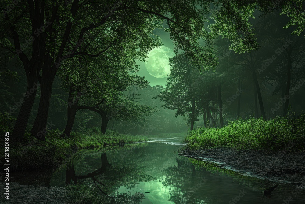 Fototapeta premium Serene Moonlight Illuminates a Tranquil Forest Stream