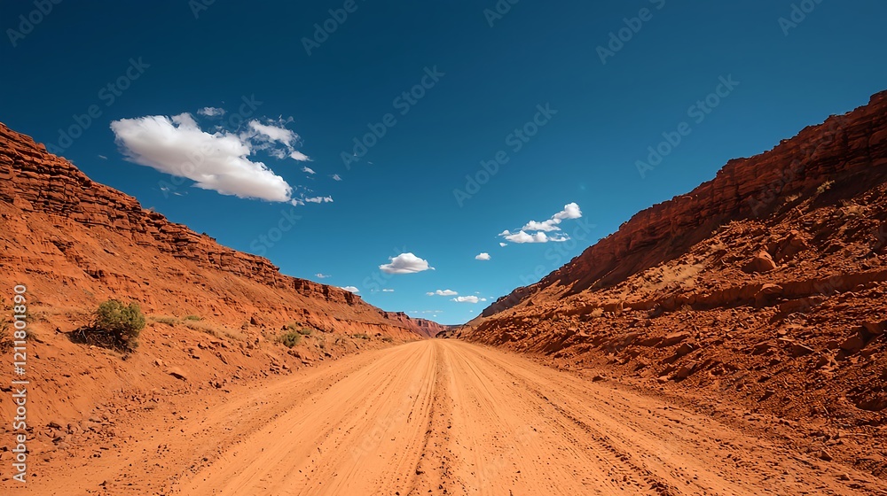 Naklejka premium Dusty Dirt Road Surrounded by Red Canyon Under Clear Blue Sky