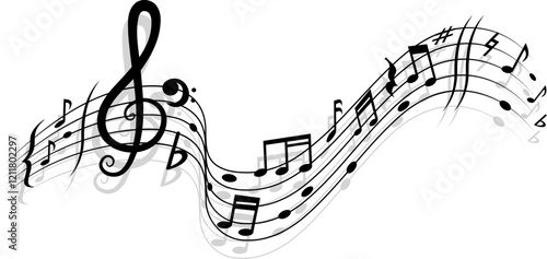 Song and music wave with notes on lines and clef. Orchestra melody notes wave pattern. Symphony vintage isolated vector backdrop or classic music concert sound monochrome background