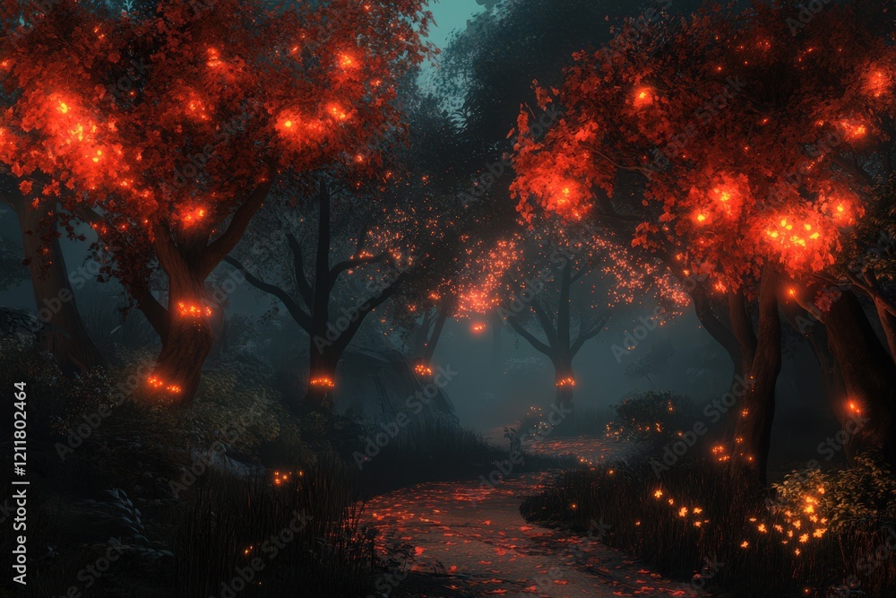 Fototapeta premium Enchanting Forest Path Glowing With Autumnal Lights