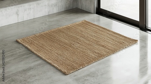 Rustic jute rug on a polished concrete floor, creating a warm contrast with surrounding minimalist decor.
