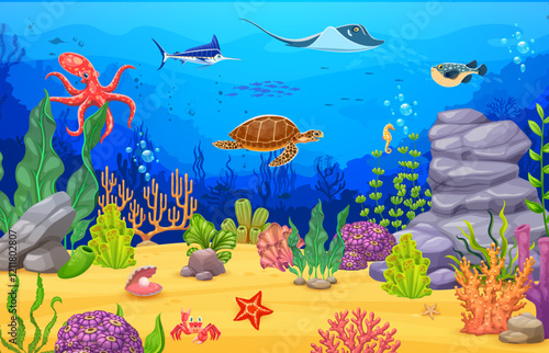 Sea underwater landscape with ocean animals and fishes, vector cartoon background. Undersea landscape with funny octopus, turtle and fugu fish with marlin and stingray in coral reef seaweeds