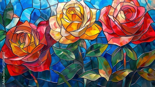 Abstract stained glass background with red and yellow roses on a blue background