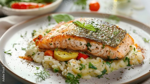 Salmon with risotto and vegetables on plate, close-up