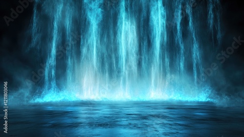 A serene waterfall illuminated with blue light, creating a mystical atmosphere.