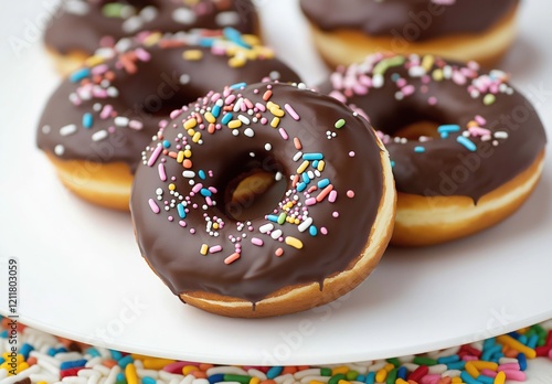 Closeup of donuts with chocolate glaze and colorful sprinkles, against a white background photo