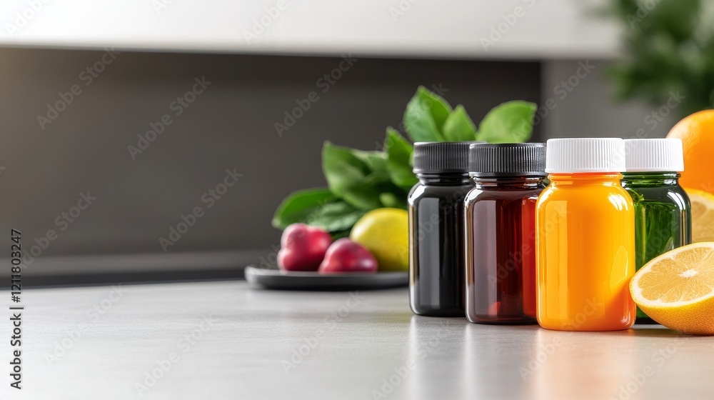 Colorful bottle of vitamin and supplement arranged on a countertop with fresh fruit and greenery Colorful bottle of vitamin and supplement arranged on a countertop with fresh fruit and greenery