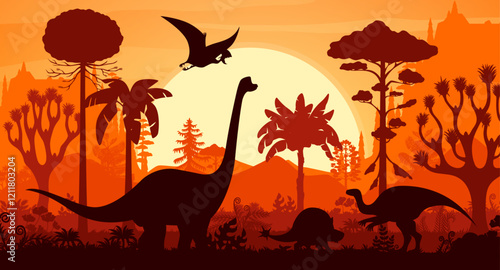 Prehistoric dinosaurs silhouettes in tropical jungle forest sunset landscape vector background. Jurassic brachiosaurus, probactrosaurus, tapejara and doedicurus dinosaur animals and tree silhouettes