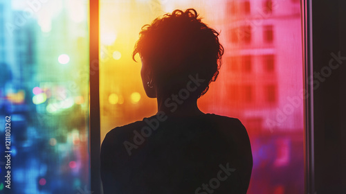 A member of the LGBTQ community looks out of a window at civil unrest, there is a sense of foreboding despite a pride rainbow color palette, landscape aspect ratio 16:9
