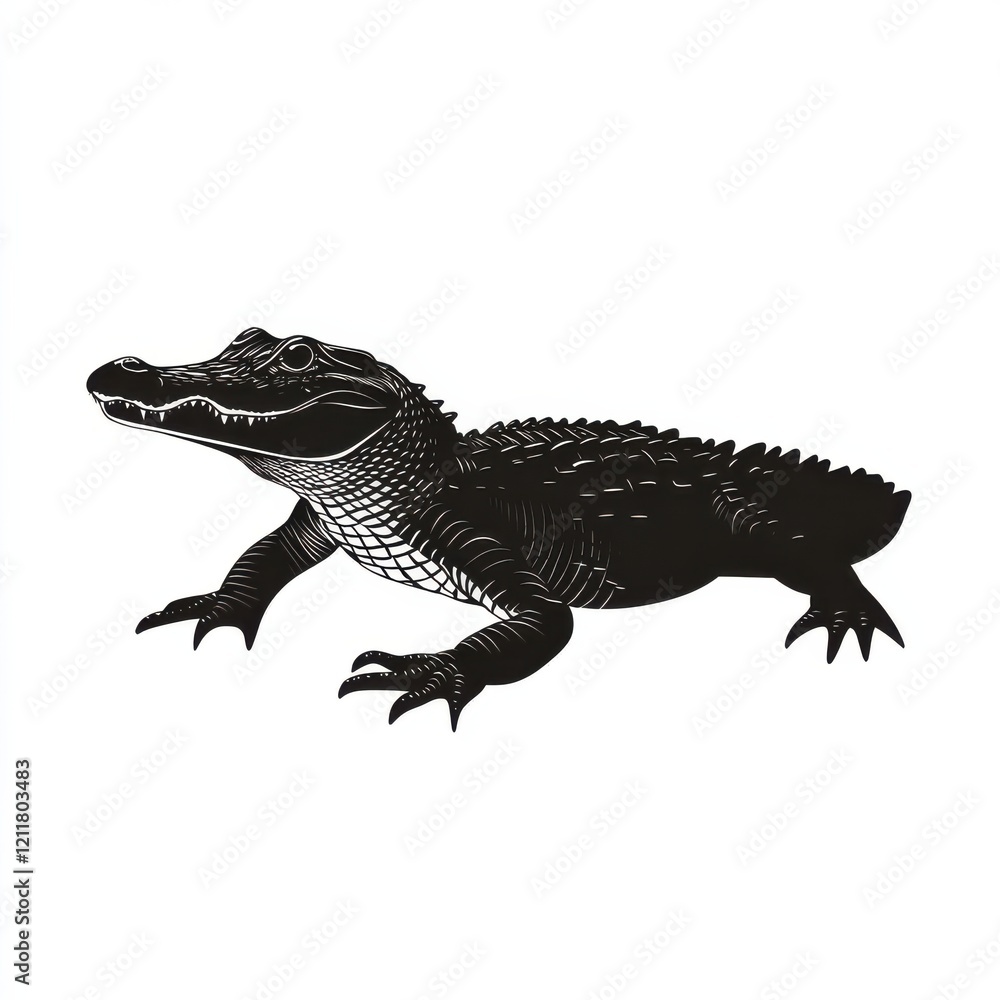 Naklejka premium Black and white illustration of an alligator.