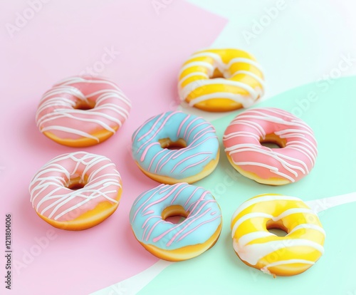 Set of various colorful donuts on a solid background photo