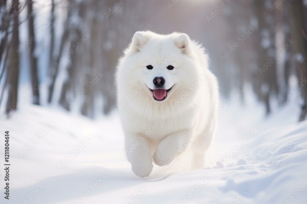 Beautiful samoyed dog running happily in a snowy winter forest, enjoying the cold weather Beautiful samoyed dog running happily in a snowy winter forest, enjoying the cold weather