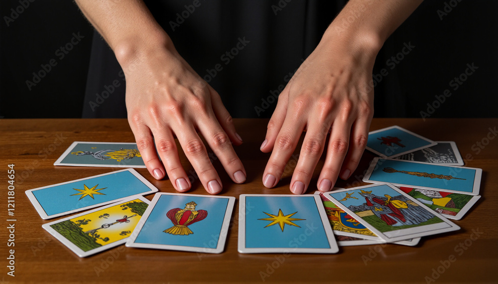 Obraz premium Mysterious hands of a woman hovering over a tarot card spread on a wooden table