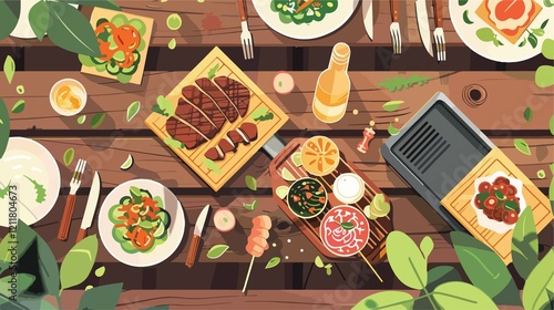 Fresh Gourmet Picnic on Wooden Table with Grilled Food