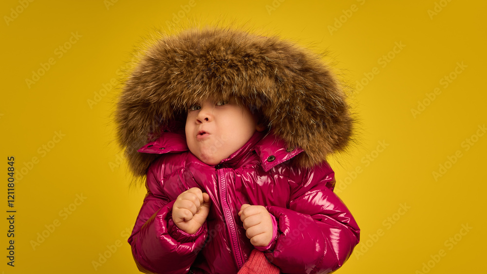 Girl wearing shiny pink coat with large fur hood, making playful expressions, against yellow studio background. Cold winter weather. Concept of childhood, emotions, lifestyle Girl wearing shiny pink coat with large fur hood, making playful expressions, against yellow studio background. Cold winter weather. Concept of childhood, emotions, lifestyle