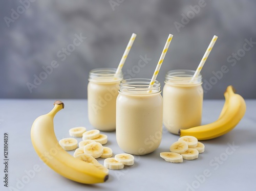 Banana smoothie in a glass mason jars with a straw surrounded by bananas on a table photo