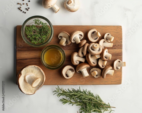 Mushrooms on a wooden board, with herbs photo