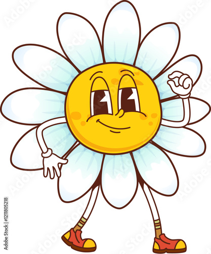 Groovy retro daisy chamomile flower cute character. Hippie chamomile groovy isolated vector happy personage. Funky daisy cheerful character or spring white flower funny mascot