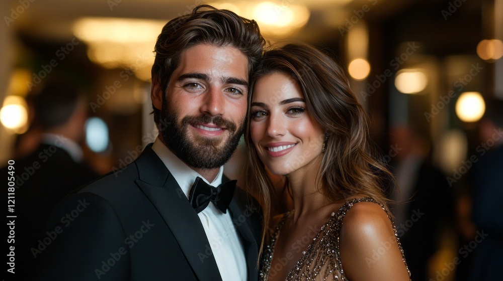 A stylish couple radiates elegance and charm while posing at a formal red carpet affair. Their joyful expressions highlight the enchanting atmosphere of the special evening A stylish couple radiates elegance and charm while posing at a formal red carpet affair. Their joyful expressions highlight the enchanting atmosphere of the special evening