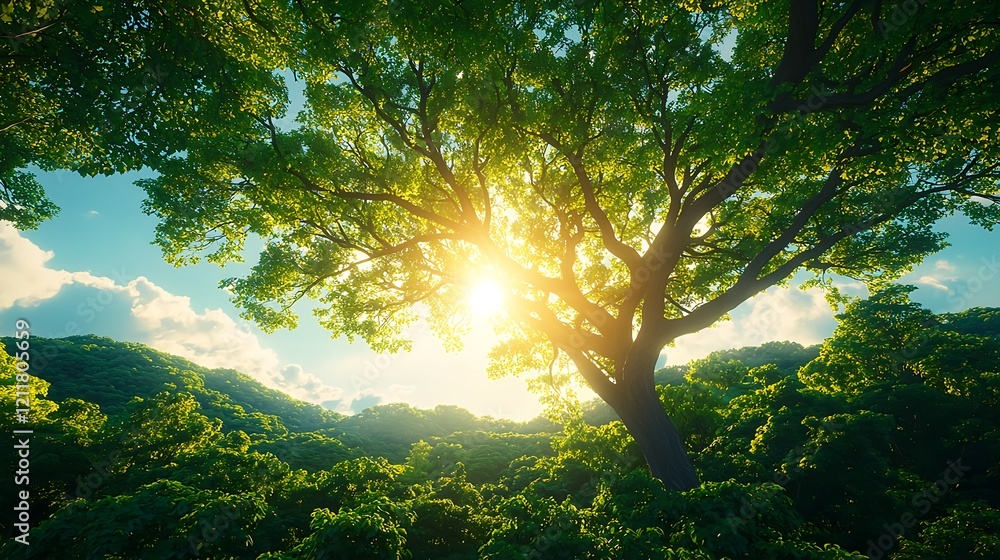 Fototapeta premium Sunlight Filtering Through Lush Green Canopy of Forest Landscape