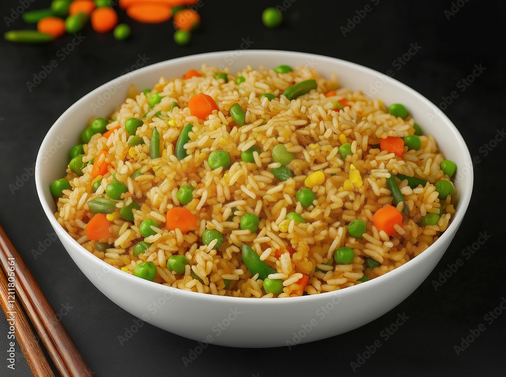 Bowl of fried rice with green peas in a white bowl Bowl of fried rice with green peas in a white bowl